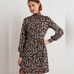 NEW Boden High Neck Jersey Knit Ruffle Stretch Navy Floral Dress Size US 6L Tall